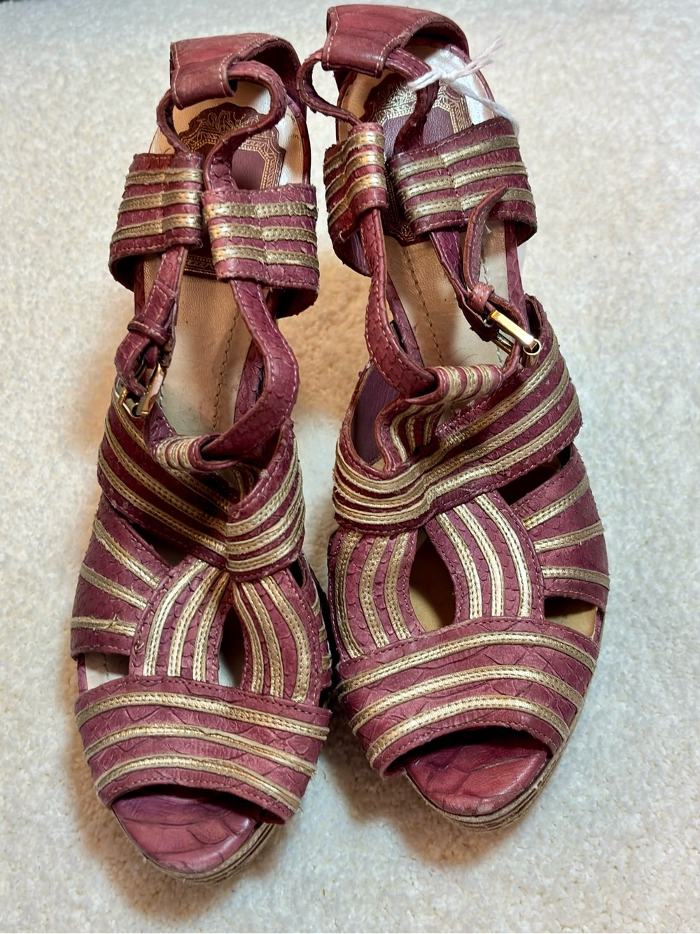 Dior Burgundy with Gold Trim Platform Strappy Heels - Picture 5 of 8
